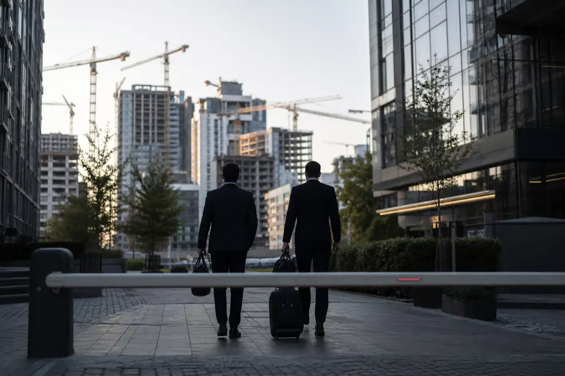 Immeubles modernes et chantier urbain d’Europe de l’Est observés derrière une barrière de sécurité discrète.
