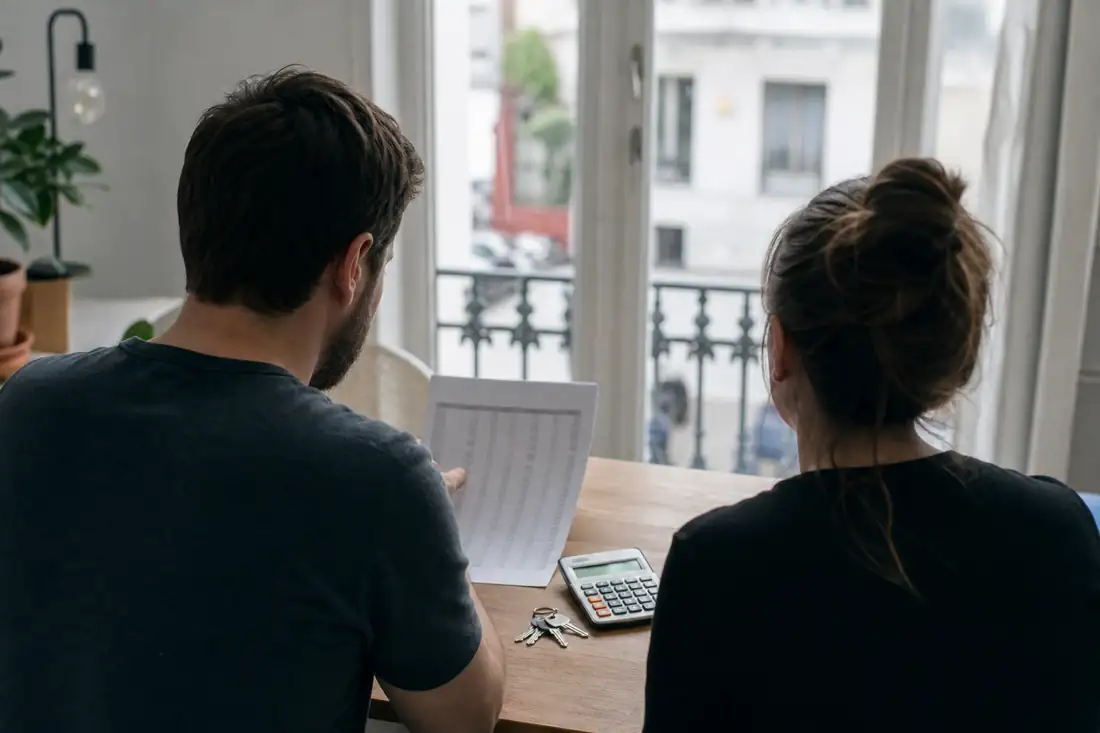Couple examinant un dossier de prêt immobilier et une calculatrice avant un achat de logement.
