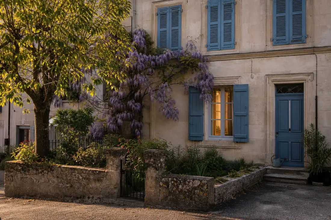 Maison de ville en pierre claire aux volets bleus, jardinet clos et fenêtre éclairée en fin de journée