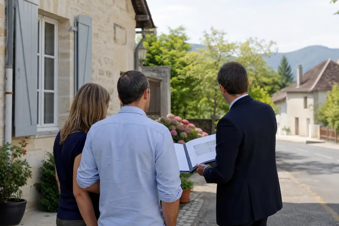 Échange devant une maison de Vic-en-Bigorre entre des propriétaires et un professionnel de l’immobilier local.