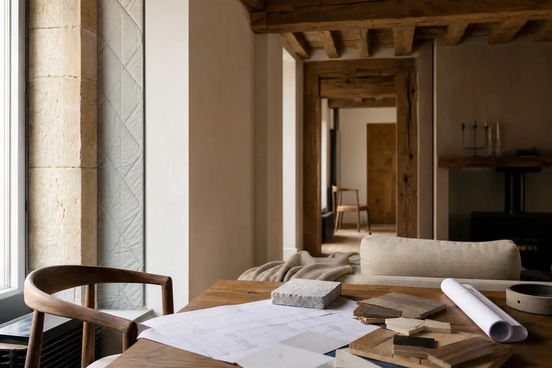 Intérieur rénové d’un logement ancien associant parquet conservé, mur minéral et aménagement contemporain sobre.