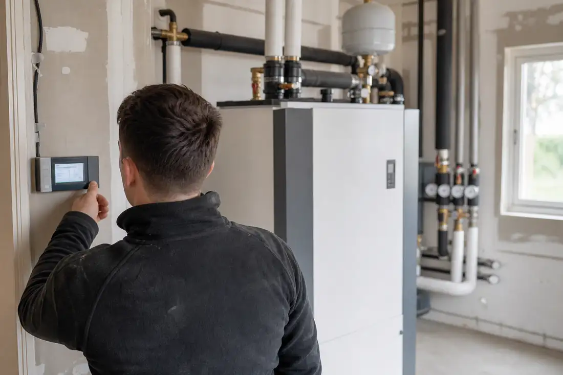 Technicien contrôlant les équipements de chauffage et de suivi énergétique d’un immeuble rénové.