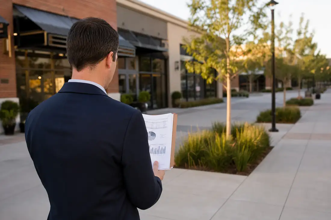 Centre commercial de proximité américain avec investisseur consultant des documents financiers en extérieur.