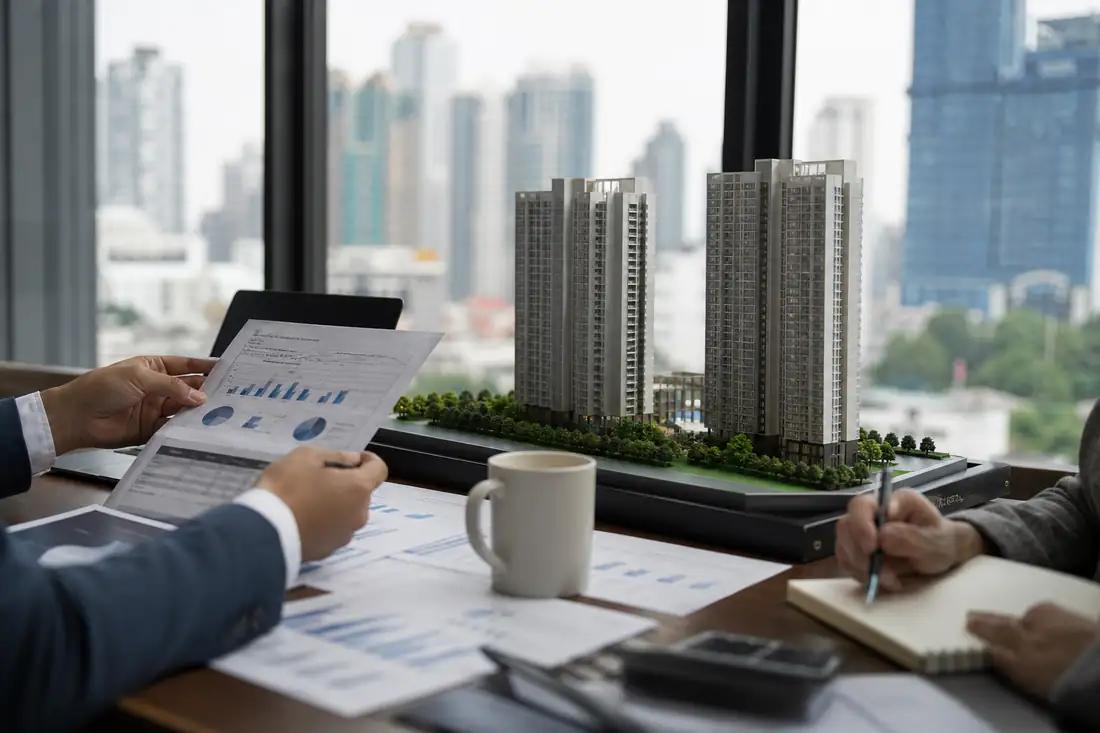 Table de réunion avec maquette résidentielle et documents financiers devant une skyline urbaine asiatique.