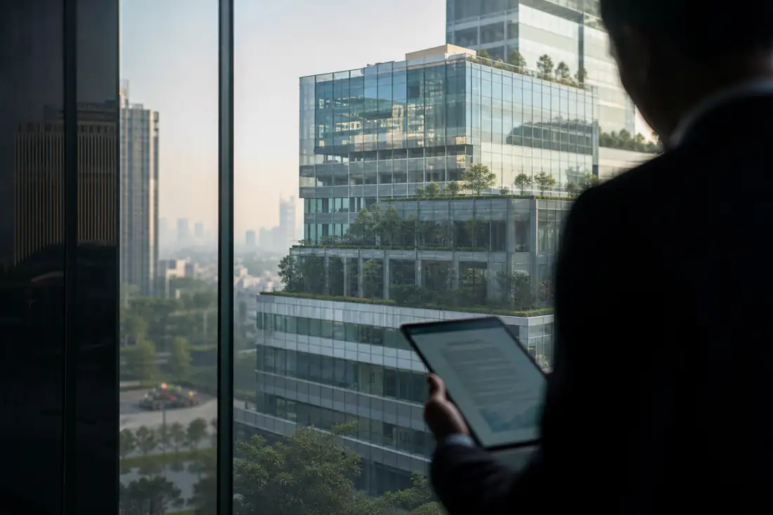 Immeuble de bureaux contemporain et documents financiers illustrant une émission obligataire verte en dollars.