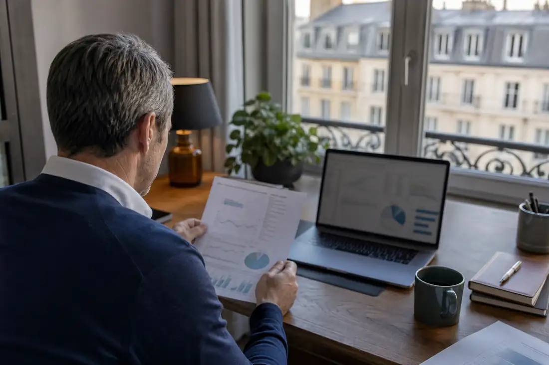 Investisseur consultant des documents de placement devant un immeuble de bureaux moderne en arrière-plan.